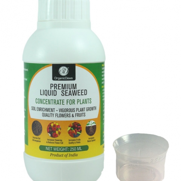 OrganicDews Liquid Seaweed Concentrate for Plants 250 ml with Measuring Cup 25 ml Fertilizer for All Indoor and Outdoor Plants