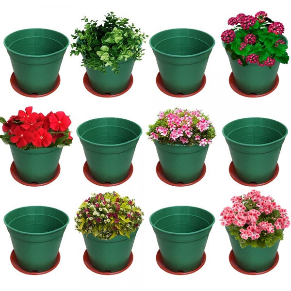 Kraft Seeds Plastic Nursery Green Flower Pots with Red Bottom Plate, 6-inch, Pack of 12